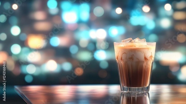 Fototapeta Iced Latte in Glass with Bokeh Background on Tabletop