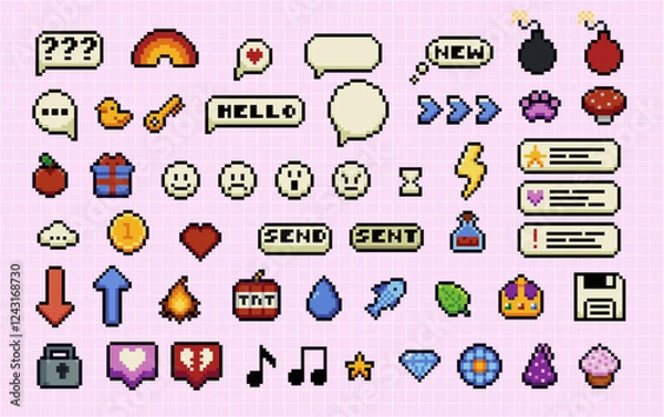 Obraz Set of pixel art speech bubbles and icons. Wow. Surprise. Bang. Bomb. Retro game style dialogue box and elements vector collection. Pixels Y2k trendy playful stickers. 8bit. Mood of 90's aesthetics