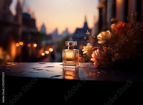 Obraz Golden perfume bottle and flowers on a table with a blurred city background during evening. Romantic and elegant still life scene in soft light.