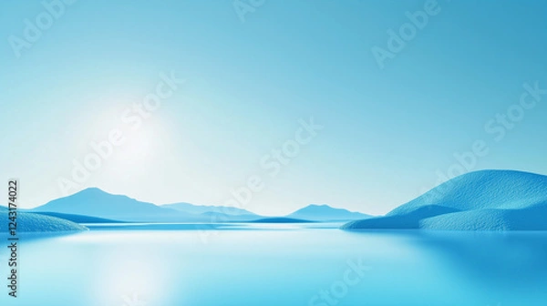 Fototapeta Minimalistic serene blue landscape with smooth hills and calm water under a bright sky, ideal for meditation apps, relaxation content, and minimalist design projects