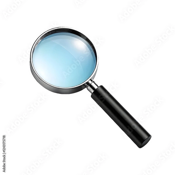 Fototapeta A clean minimalist icon of a magnifying glass, reflecting light realistically, isolated on white background
