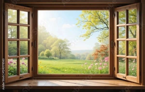 Fototapeta A wooden windowsill with a view of a beautiful spring landscape outside