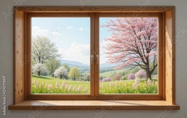 Fototapeta A wooden windowsill with a view of a beautiful spring landscape outside