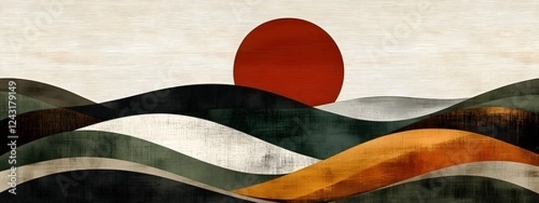 Obraz A hand-drawn illustration of the sun setting over rolling hills
