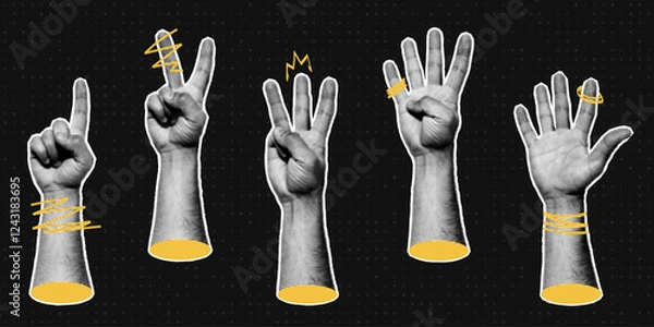 Fototapeta Halftone hands collection. Fingers pointing the numbers. Halftone hands show the counting from one to five. Stylish halftone collage design elements. Hand gestures in pop art style. Vector