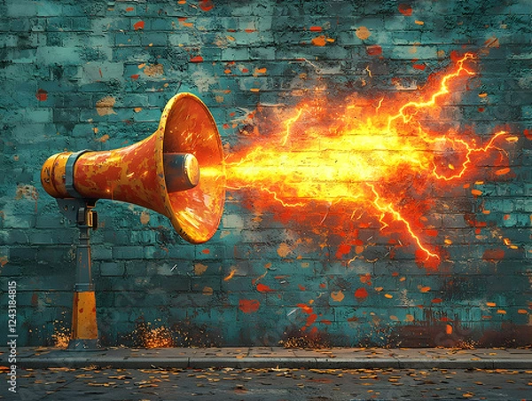 Fototapeta Fiery Message: Loudspeaker Blasts Power, Urban Scene