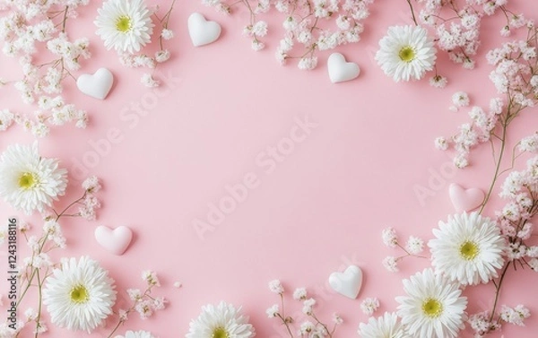 Fototapeta Pink floral frame, hearts, background, mockup, card