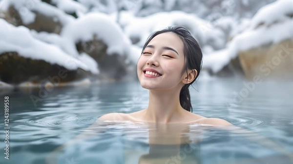 Fototapeta Soothing Escape: A Warm Winter Soak Surrounded by Snowy Tranquility