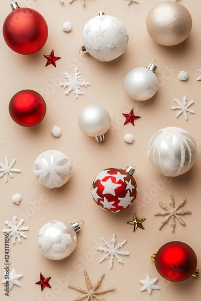 Obraz Christmas background with white and red ornaments, stars, and snowflakes on a beige background