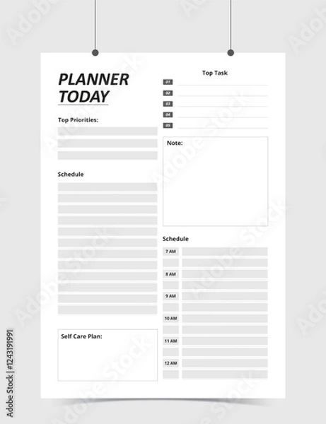 Fototapeta Minimalist Printable vector planner template design, Daily planner for every day, Schedule, tasks, notes for the every day and simple printable to do list, Vector graphic set for daily routine.