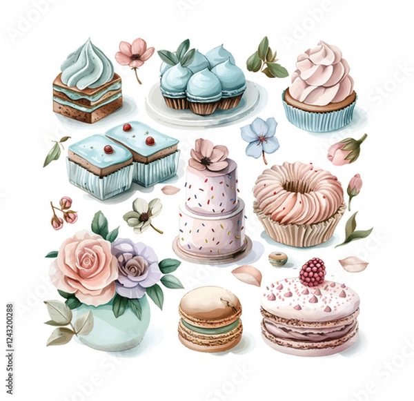 Fototapeta Set of watercolor illustrations with birthday party elements. Vector cakes with flowers