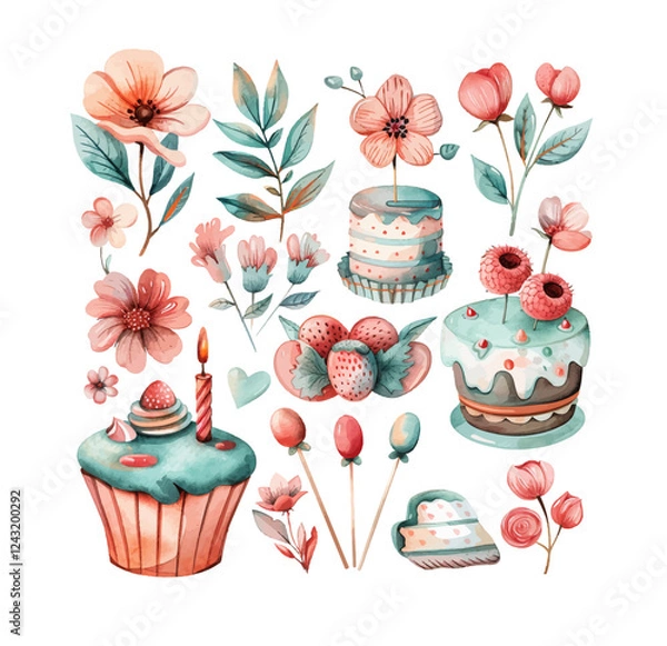 Fototapeta Set of watercolor illustrations with birthday party elements. Vector cakes with flowers
