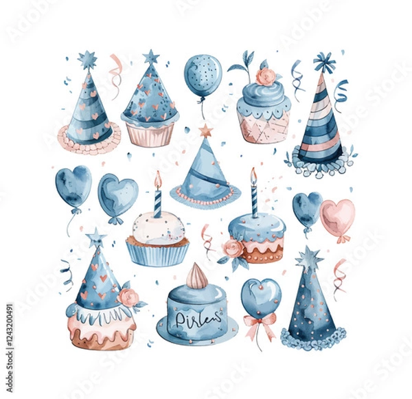 Fototapeta Set of watercolor illustrations with birthday party elements. Vector cakes with flowers