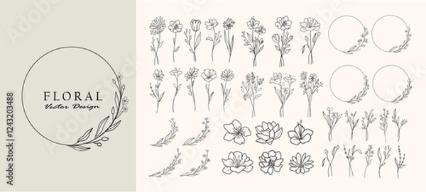 Obraz Botanical border, branche and flower decoration elements. Beautiful  line art flower bouquets, frames, leaves set. Hand drawn botanical vector set. Trendy floral wildflowers and decoration clip art.