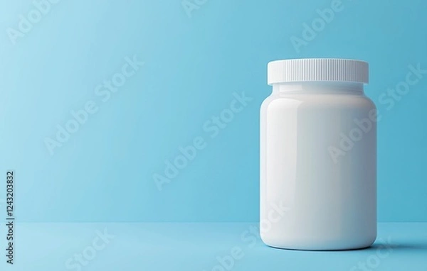 Fototapeta White plastic supplement bottle mockup on a blue background with copy space, 3D rendering, 8K, high-resolution photography, insanely detailed, fine details, stock photo, professional color grading,