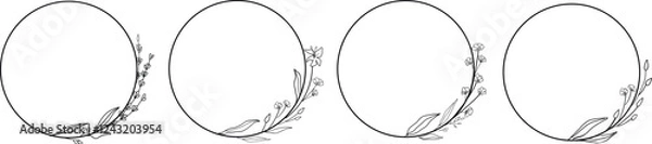 Fototapeta Botanical decorative border and divider design. Beautiful line art flower frames set. Hand drawn botanical vector set. Trendy floral wildflowers and decoration round set.