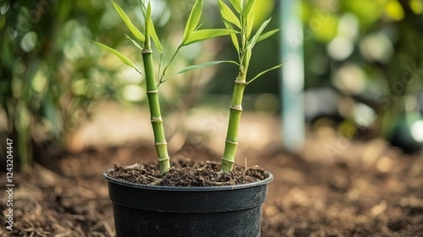 Fototapeta A black plastic pot with two bamboo stalks in soil mixed with organic mulch. One stalk is thicker and taller than the other, showcasing the early growth stage of bamboo plants.