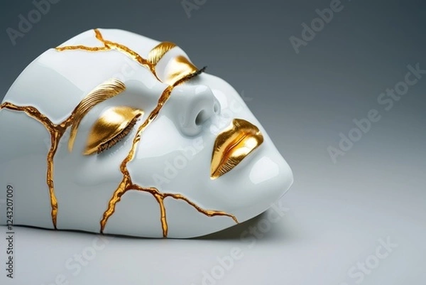 Fototapeta A white, artistic mask features intricate gold cracks, symbolizing beauty and fragility in a minimalistic setting.