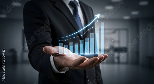Fototapeta Businessman Presenting Growing Graph in Modern Office. A businessman in a suit holds a holographic bar graph, showcasing upward growth