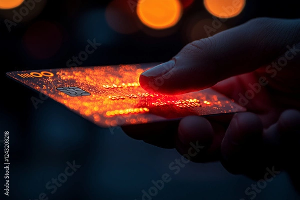 Obraz A credit card being scanned by an RFID skimmer device in a hacker’s hand. Bright lighting, contrast
