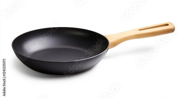 Fototapeta ฺBlack fry pan with wooden spatula isolated on white background. Top view