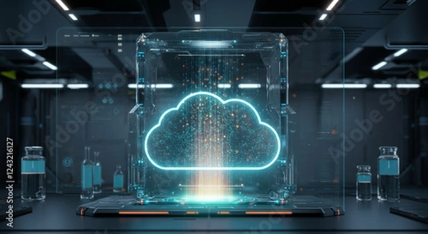 Fototapeta 近未来の研究ラボでホログラフィッククラウドサーバーが輝く様子