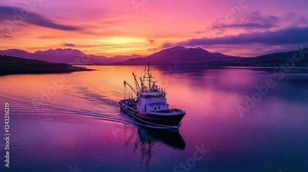 Obraz A tranquil fishing boat glides across calm waters during a vibrant purple sunset in a coastal landscape.