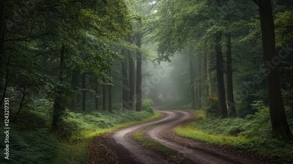 Obraz A serene winding road through a lush green forest shrouded in gentle mist and surrounded by tall, majestic trees.