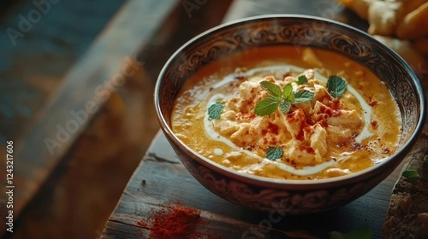Obraz Delicious bowl of creamy curry with herbs and spices, perfect for a warming meal with rice or bread.