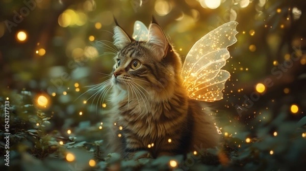 Obraz A magical cat with fairy wings, sitting among glowing lights in a mystical forest. A scene full of charm and enchantment.