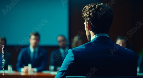 Fototapeta Young businessman giving a presentation and leading a business training class in a conference room, with people sitting at tables listening to the speech from the boss or speaker looking back over the