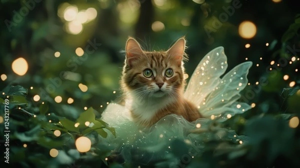 Obraz A playful cat with fairy wings in a magical forest. Cute and enchanting scene with sparkles and greenery all around.