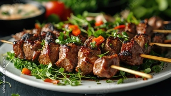 Obraz Delicious Grilled Kebabs on a Plate with Fresh Herbs and Vegetables