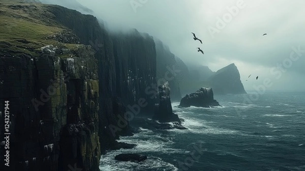 Obraz Mysterious Coastal Cliffs with Waves and Birds in Foggy Atmosphere