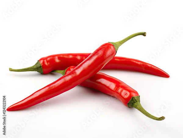Fototapeta Three vibrant red chili peppers on a white background