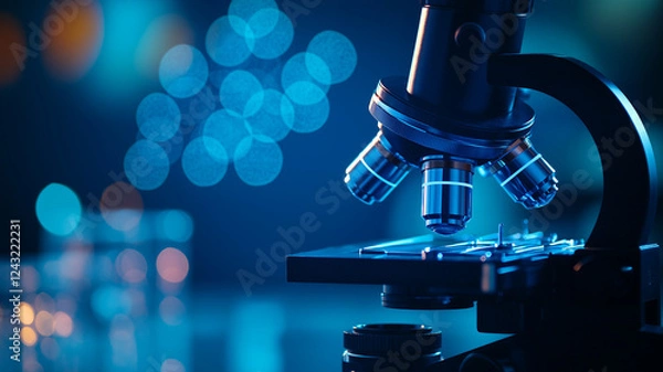 Obraz modern microscope in lab, illuminated by blue light, showcases intricate details and advanced technology, creating captivating scientific atmosphere