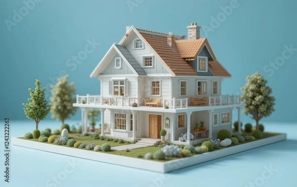 Obraz A miniature model of a house with a family standing in front of it, representing life and family planning