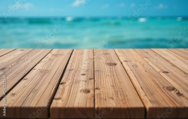 Fototapeta A wooden table with a view of a blue sea in the background during summer