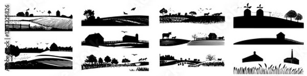 Obraz Farm silhouettes depict rural life with barns, fields, and animals under a clear sky