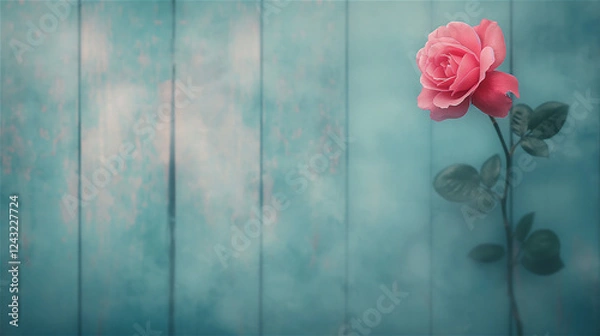 Obraz A solitary pink rose stands beautifully juxtaposed against a vibrant blue wooden background, creating a striking visual contrast, copy space