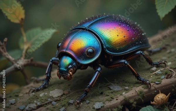 Fototapeta A close-up of a colorful beetle on a muted green background with leaves and twigs