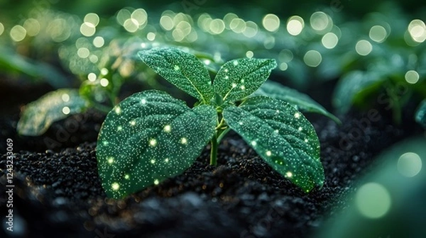 Fototapeta Smart farming glowing soybean sprout in field, background bokeh