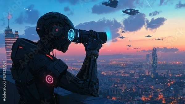 Fototapeta Futuristic city surveillance by a humanoid robot with flying spaceships