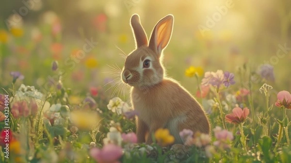 Fototapeta Adorable rabbit in a sunlit flower meadow capturing the essence of spring