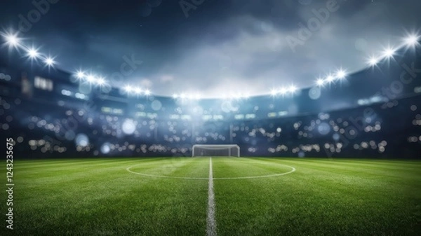 Fototapeta A vibrant and illuminated soccer field under dramatic stadium lights, creating an electric atmosphere for an upcoming match.