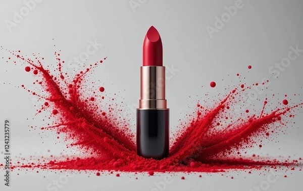 Fototapeta A close-up of a red lipstick with red powder particles floating around it
