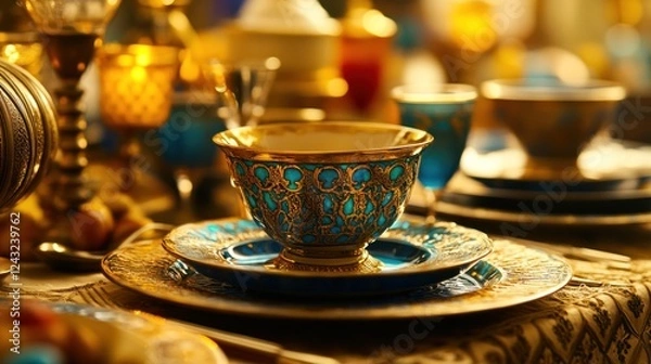 Fototapeta Ornate teacup, golden tableware, candlelit setting, opulent background, menu design