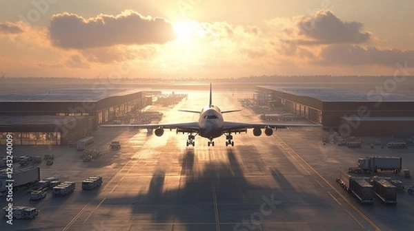 Fototapeta Airplane taxiing on runway at sunset.