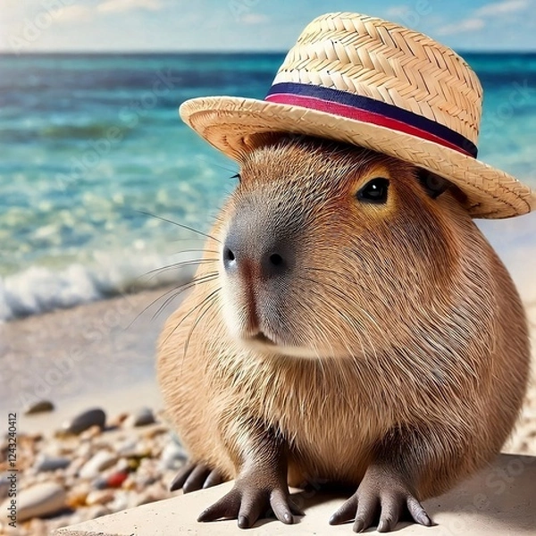 Fototapeta Photo of a capybara vacationing by the sea with a straw hat,