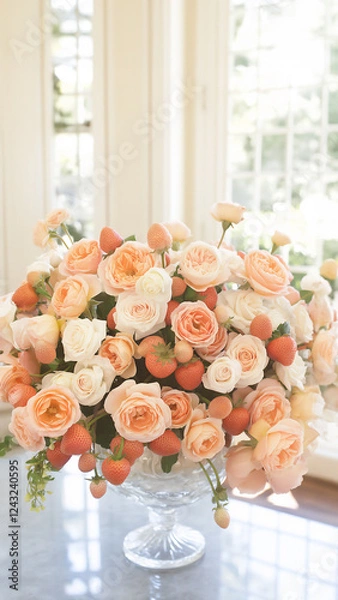 Obraz A beautiful vase filled with a delightful arrangement of fresh flowers and ripe strawberries placed elegantly on a table